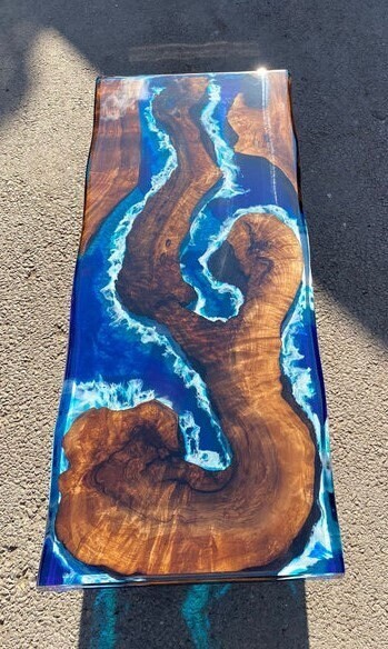 Epoxy Resin Blue Island Flow Wooden Dining Coffee or End Table