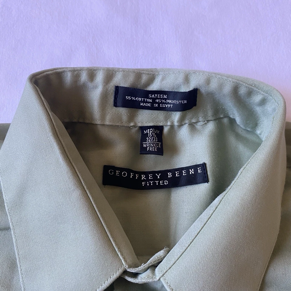 Geoffrey Beene M 15.5 32/33 Dress Shirt Fitted Sateen Cotton Wrinkle Free Green - Image 2 of 4