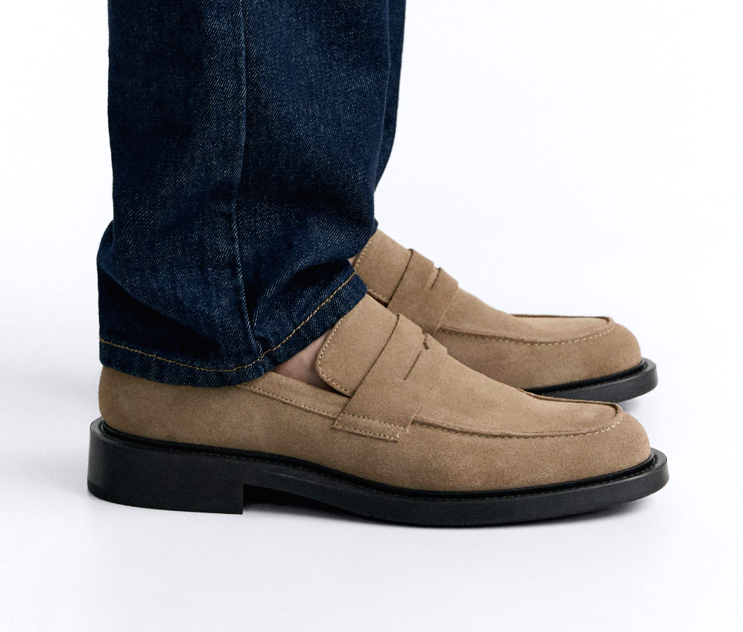 Zara Penny Strap Split Suede Leather Loafers Beige UK 10 11 12 US  2665/420 New