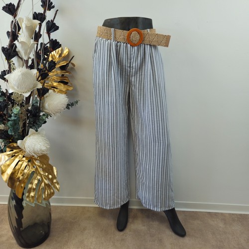 Italy Hose weite Twillhose leichte Leinen Look Stoffhose 38 40 42 Grün Gestreift