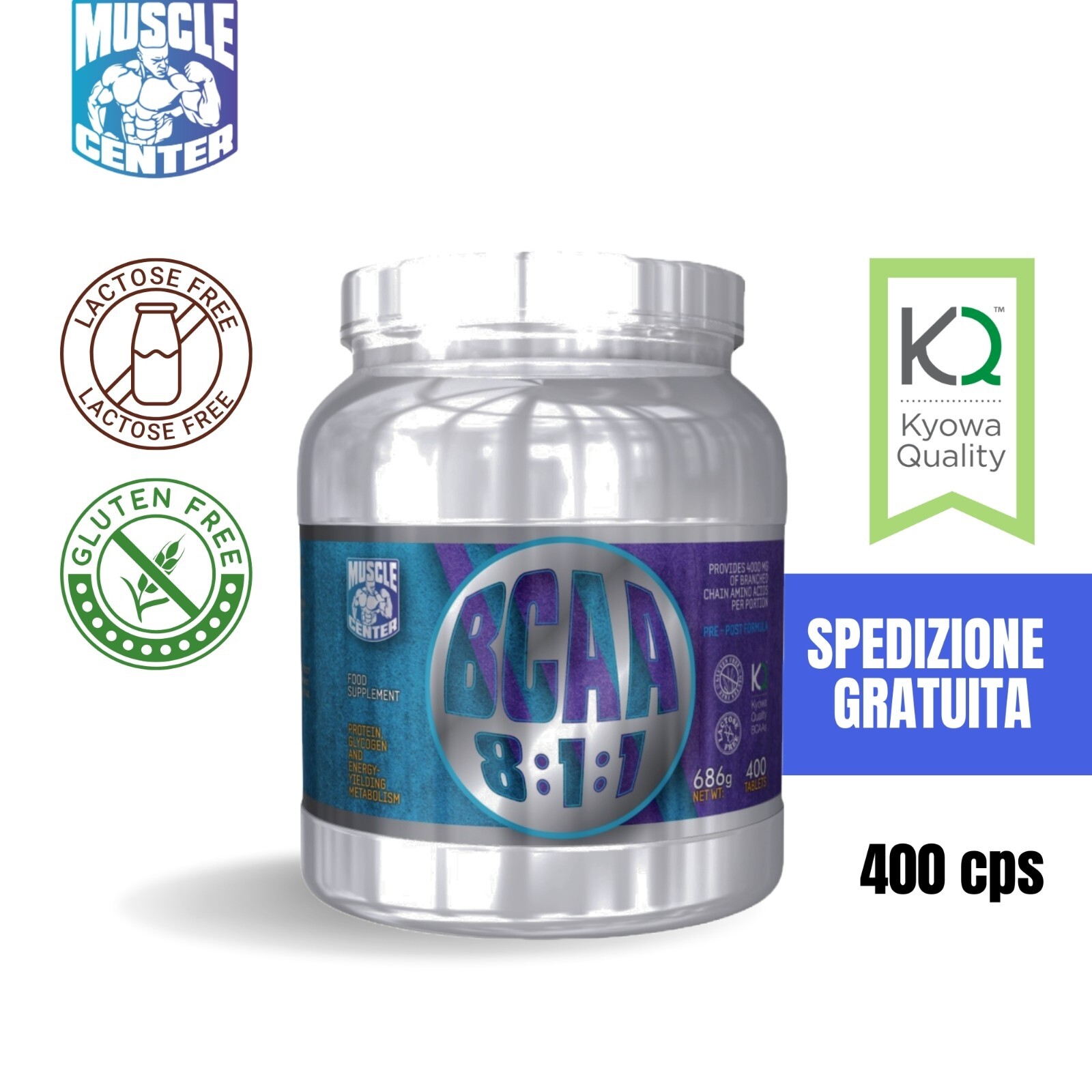 BCAA 8:1:1 Aminoacidi Ramificati - qualità Kyowa , 400 cps Muscle Center