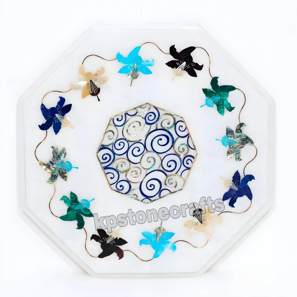 White Marble Inlay Tabletop 16"x16" – Semi-Precious Stone Design – Handmade - Image 2 of 4