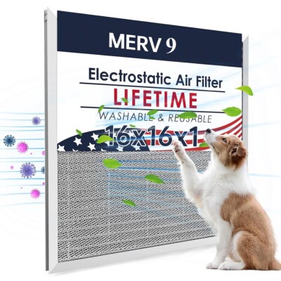 16x16x1 Reusable Electrostatic Air Filter Washable 5 Layers MERV 9 Permanent