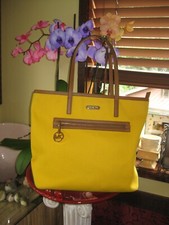 New Michael Kors Yellow Woven Tote with Brown Faux Leather Trim