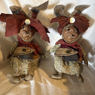 Primative Set Of Two Rabbits Resin Face Cloth Body On Box Base 13 in