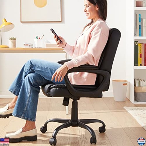 Mid-Back Height Adjustable Office Chair with Armrests, Padded, Black, 26"D x - Picture 2 of 6