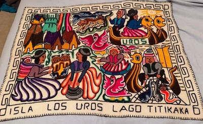 Uros Village Peruvian Colorful Wool Tapestry Lake Titicaca Lago Wall Hanging