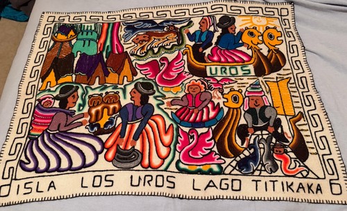 Uros Village Peruvian Colorful Wool Tapestry Lake Titicaca Lago Wall Hanging