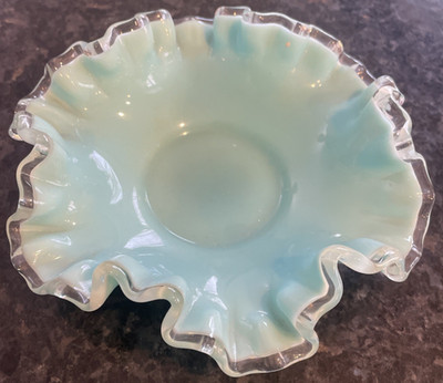 VTG MCM Fenton Turquoise Silver Crest Ruffled~Footed Dish 6 Diameter