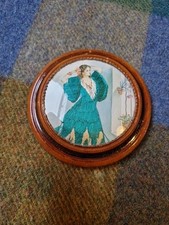 Pretty Vintage Embroidered Spanish Lady Wooden Circle Frame Curved Glass Gallery