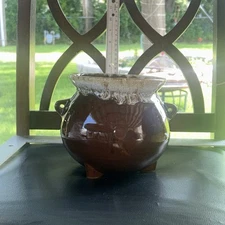 Made In USA 🇺🇸 Vintage Rustic Brown Drip Glaze Bean Pot Kettle Cauldron