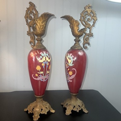 Pair Antique French Renaissance Floral Painted Glass and Metalwork Ewers 20  