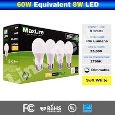 Maxlite 60W Equivalent 8W LED Light Bulb Soft White 2700K A19 Dimmable