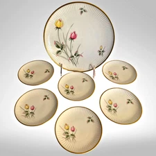 Ribbed Rose Plates Gold Trim Floral Porcelain Set of 7 Germany Rosenthal VTG