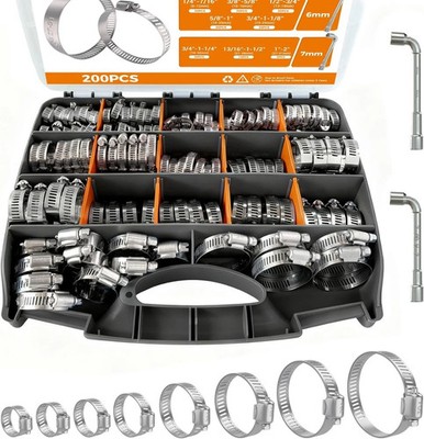 Hose Clamp Assortment 200PCS Hose Clamp 304 Stainless Steel Kit Adjustable 1/4''~