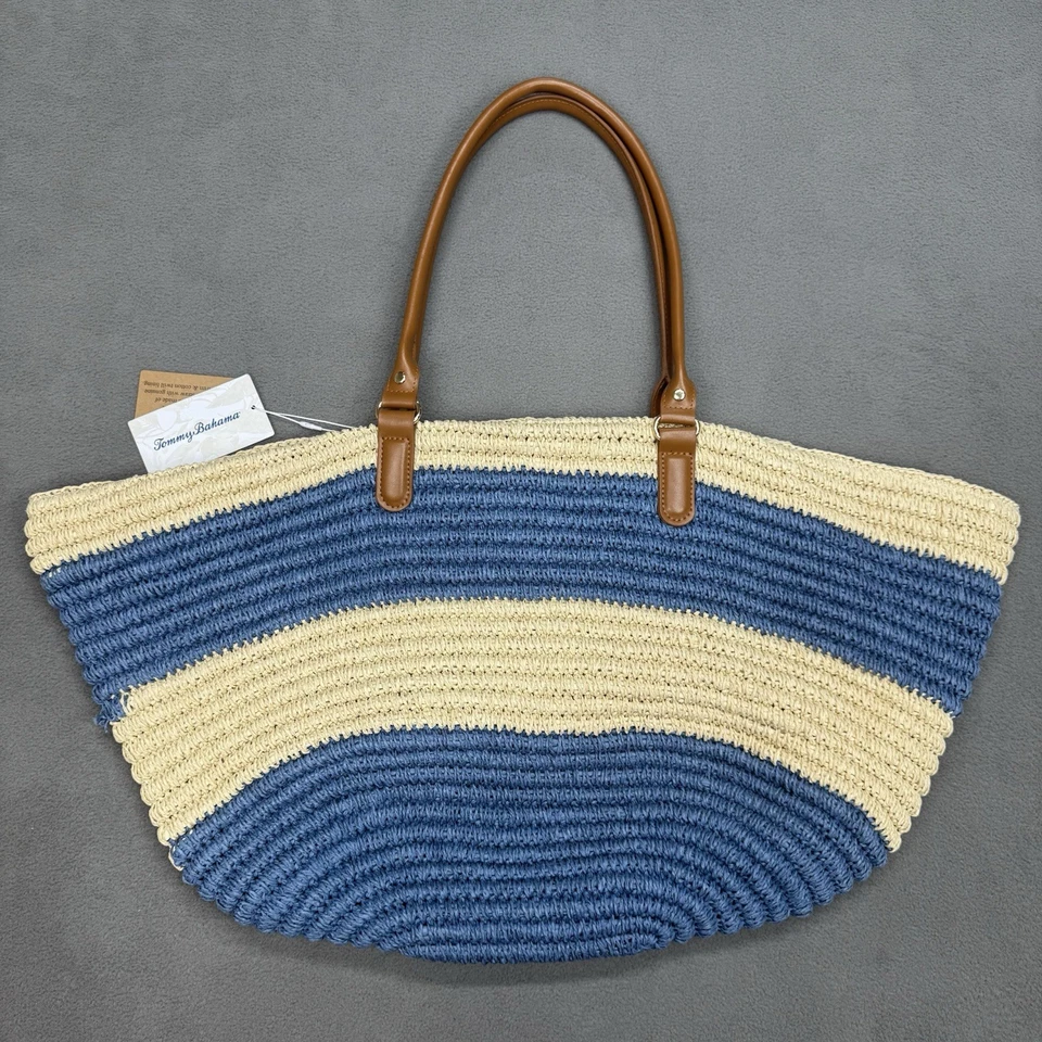 Nuevo Bolso de Mano Tommy Bahama Grande de Paja Cuero Genuino Tejido Azul Vacaciones Foto 2 de 4