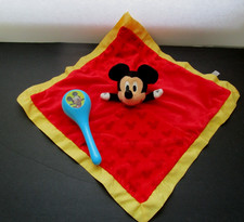Disney Baby Mickey Mouse Red Yellow Lovey Blanket Crinkle Ears w/ Mickey Rattle