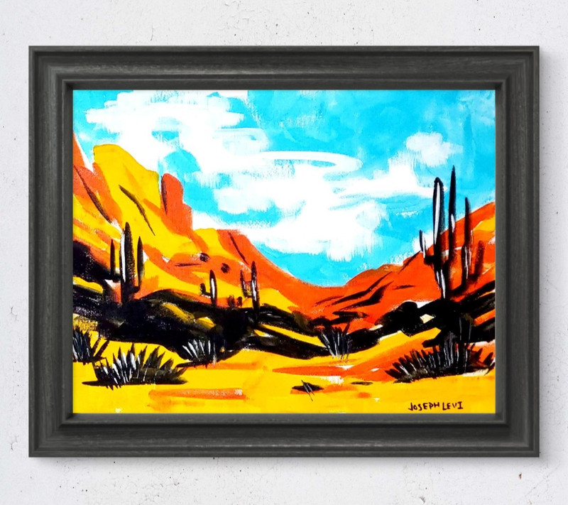 Original Modern Landscape Art 8x10 Desert Cacti Badlands Acrylic Painting Canvas