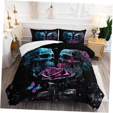 Sugar Skull Comforter Set Size, 3D Rose Skull Couple Bedding Queen Skull118