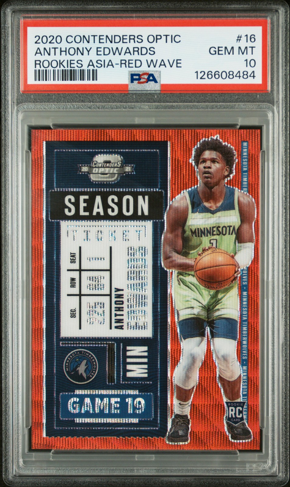 2020-21 Panini Contenders Optic Anthony Edwards RC Rookie Red Wave Prizm PSA 10 view 1