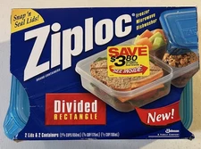 Pk. Of 2 Ziploc Divided Rectangle Food Containers Snap 'n Seal Lids 2001 NEW USA