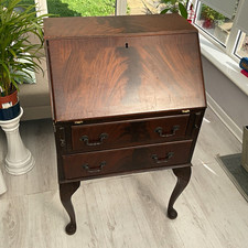 Brown Wood Secretary Desk Pull-Down Front 3 Drawers Metal Handles