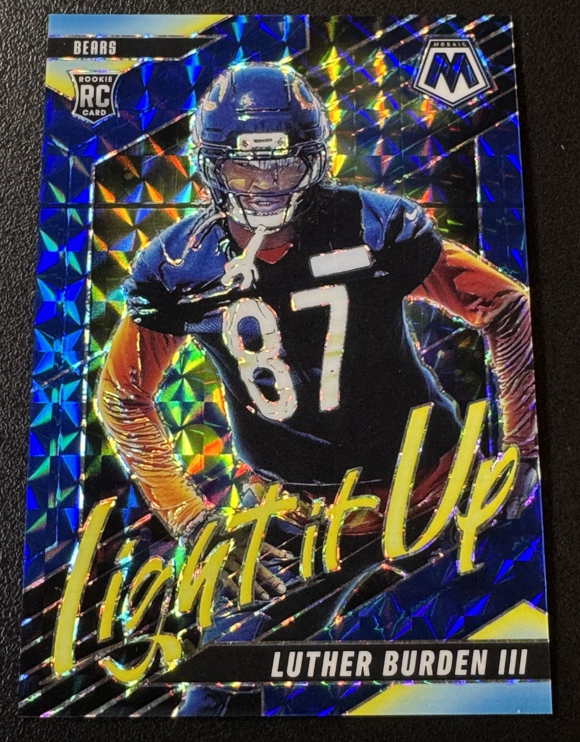 2025 Panini Mosaic Luther Burden III Light It Up Blue /99 SP RC Chicago Bears