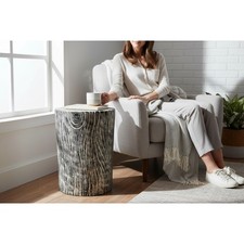 Tavolino Accento Sgabello Ceppo Albero Stile Uttermost con Finitura Venature Legno Bianco