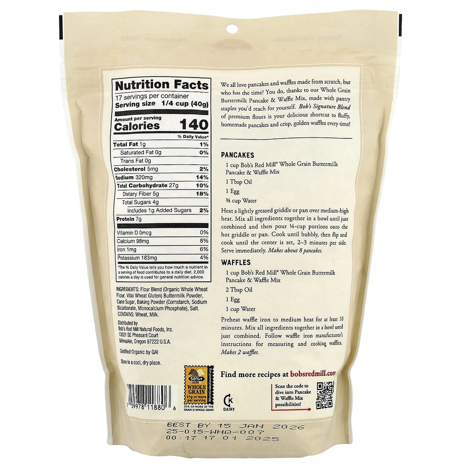 Mezcla de panqueques y gofres de suero de leche, grano entero, 24 oz (680 g) Foto 2 de 2