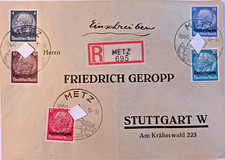 Einschr. mit R-Zettel 1940 Metz, Aufdruck "Lothringen" 5 MarkenHindenburg-Serie-