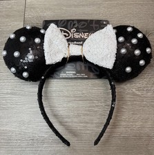 Disney Minnie Mouse Ears Headband Black Sequin Pearl White Bow