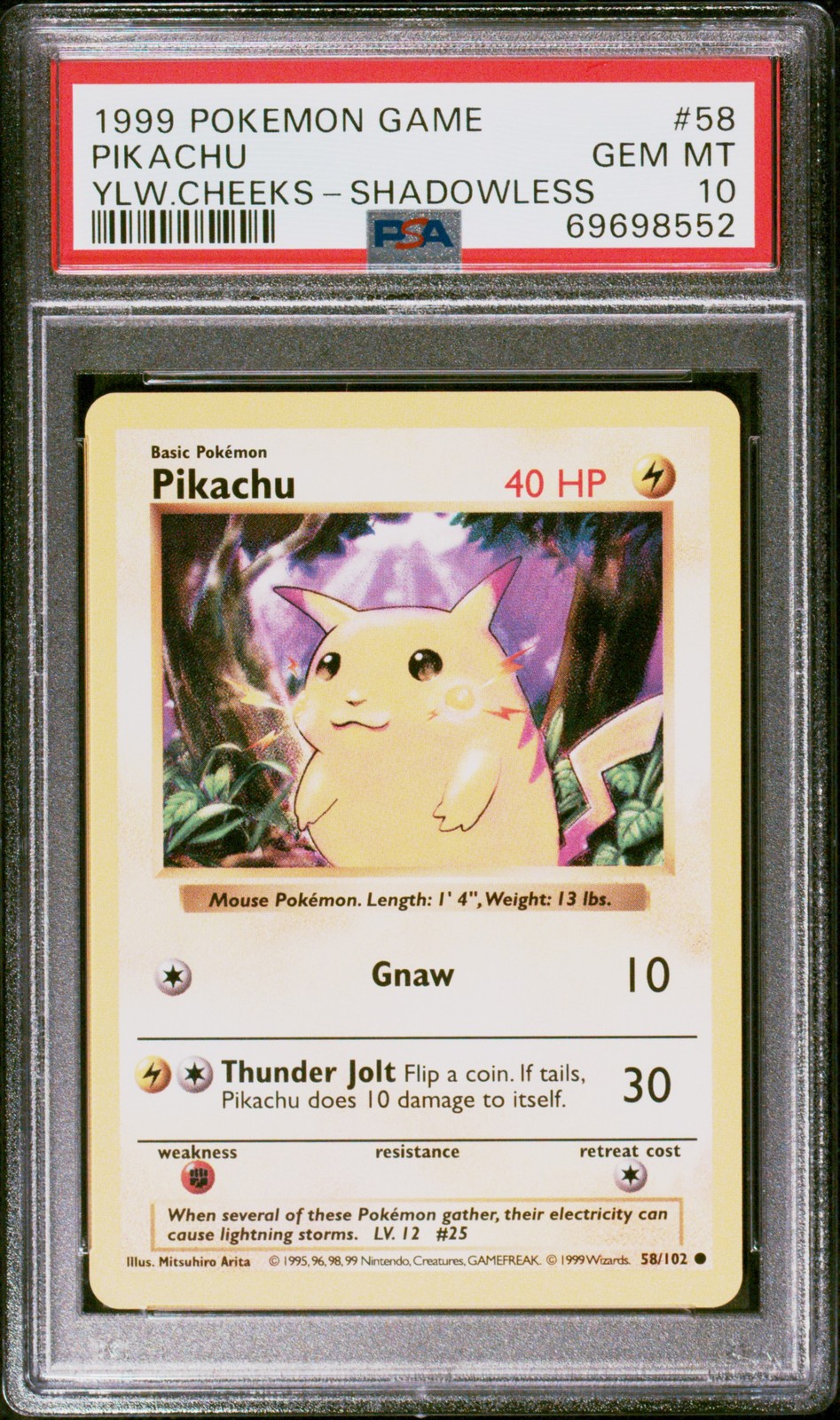 Pikachu 1999 Pokemon Game #58 Shadowless (Yellow Cheeks) Price