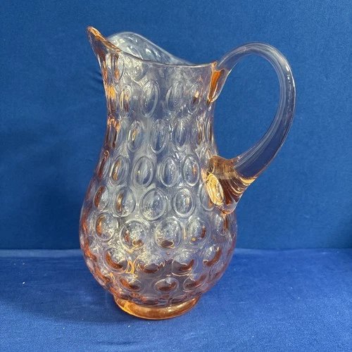 Pink Depression Glass Coin/Thumbprint Optical Pitcher, 10”tall Applied Handle