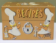 VINTAGE STYLECRAFT METAL RECIPE BOX #812 SLEEPING CHEF, LOCK & KEY      READ
