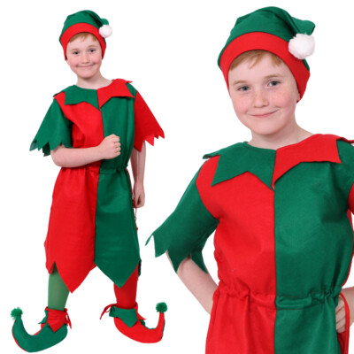 JUNGEN ELFE KOSTÜM KINDER WEIHNACHTEN XMAS KOSTÜM MIT MÜTZE WEIHNACHTSMANN KLEINER HELFER