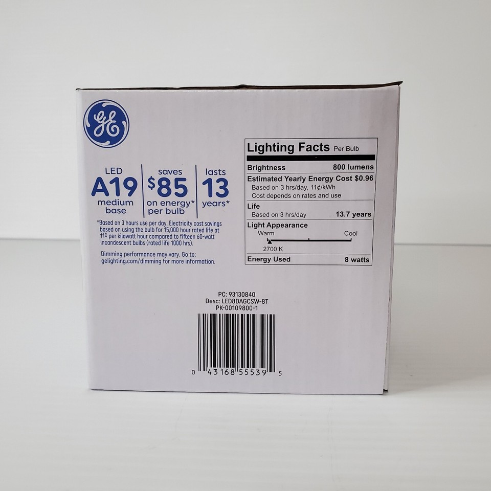 GE Classic Led 60 Watt 8W Soft White A19 Light Bulbs Clear 8 Pack 800