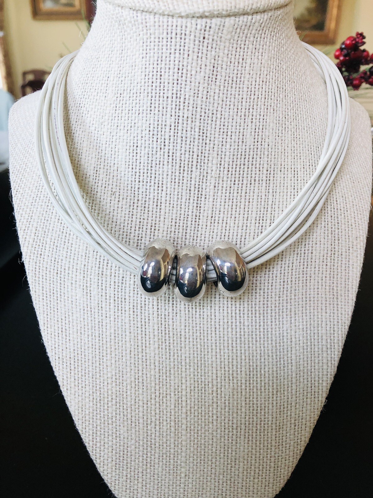 Solid Sterling Silver 13 Strand White Leather Sta… - image 2