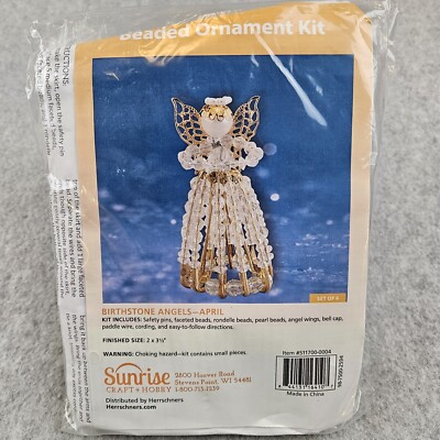 Sunrise Safety Pin Bead Birthstone Angel Ornament Kit April Diamond Makes 4 NOS