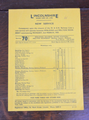 Bus Coach Fahrplanblatt Lincolnshire Road Car New Service Spalding 1959