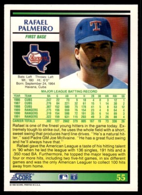1992 Score Baseball Card Rafael Palmeiro Texas Rangers #55