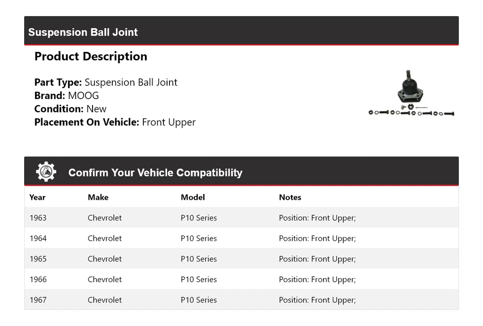 For 1963-1967 Chevrolet P10 Series Suspension Ball Joint Front Upper MOOG 1963 - Image 2 of 4