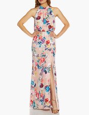 Adrianna Papell L89811 Multi Floral Satin Jacquard Halter Neck Gown Size 12
