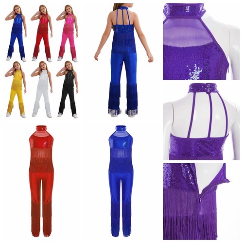 Kids Girls Leotard Long Rompers Fancy Jumpsuit Halter Bodysuit Latin Outfit - Picture 2 of 95