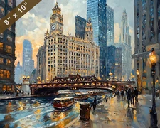 Chicago with Michigan Avenue Bridge oil painting 8x10 Print