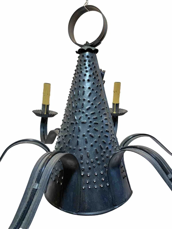 Primitive - Rustic ☆ Witches Hat Style ☆ Kettle Black Punched Tin Chandelier NOS - Image 2 of 4