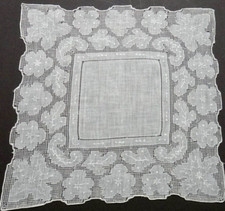 Vintage Swiss Embroidery Linen Hanky 11" Ornate Punch  Drawn Work Floral/Leaves