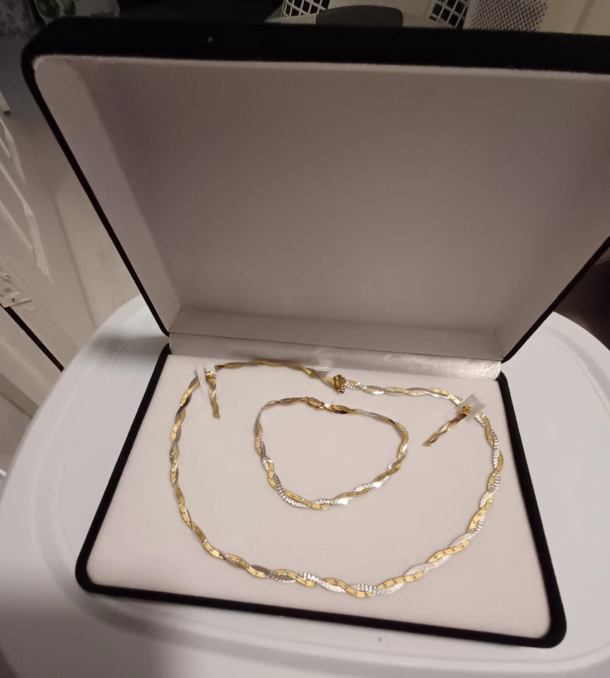 9ct Trigold Necklace Bracelet & Earrings Set Vintage Italian Set Pristine Gift - Image 3 of 4