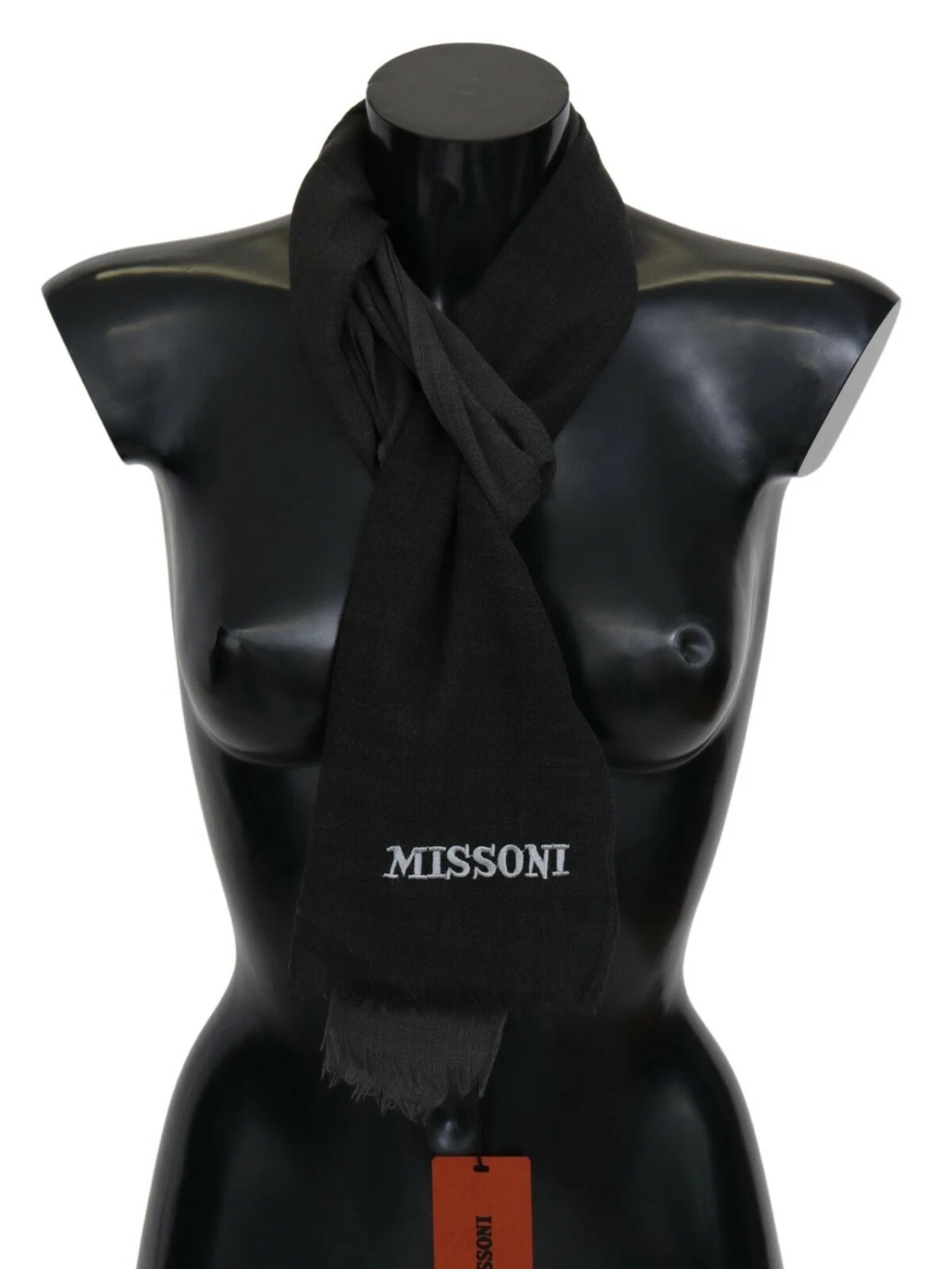 MISSONI Scarf Black 100% Wool Unisex Neck Wrap Fringes Logo 170cm x 30cm $340