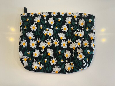 Black Embroidered Daisy Zipper Pouch