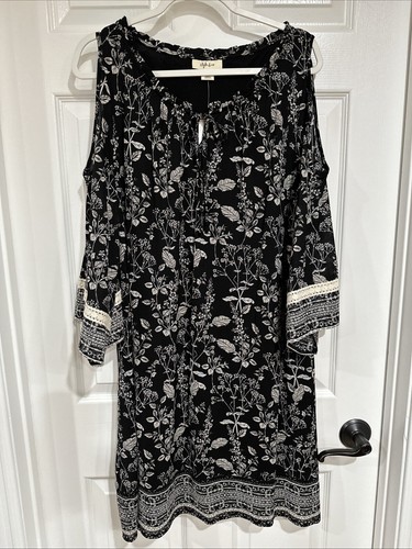 Style & Co. XL Cold Shoulder Shift Dress Knee Length Lined Black Floral NWT